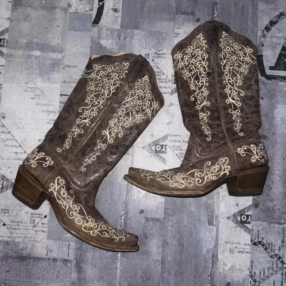 Botas Corral Talla 9 M Marrón Hueso de Cráter Bordadas Mujeres Vaquera Western Foto 4 de 4