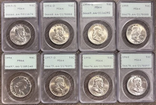 1953-1960 PDS Franklin Half Dollar PCGS OGH RATTLER Collection, MS/PF, 8 Coins