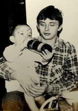 Adorable Little Boy Drinking Bottle 1970s Vintage Photo