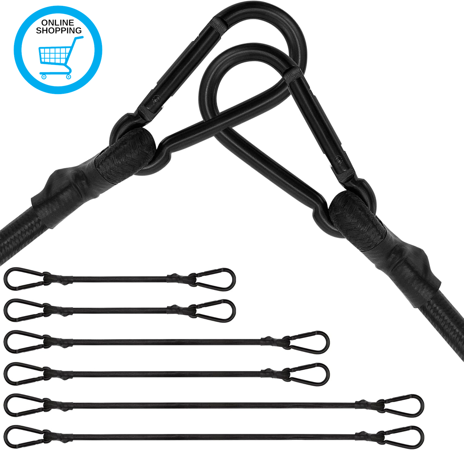 Bungee Cords with Carabiner Clips, 6 Pack Long Heavy Duty Carabiner Black Bungee