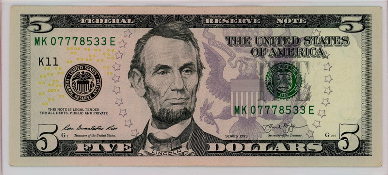 $5 FRN Series 2013 Dallas Fancy MK 07778533 E LUCKY Triple 777 JACKPOT