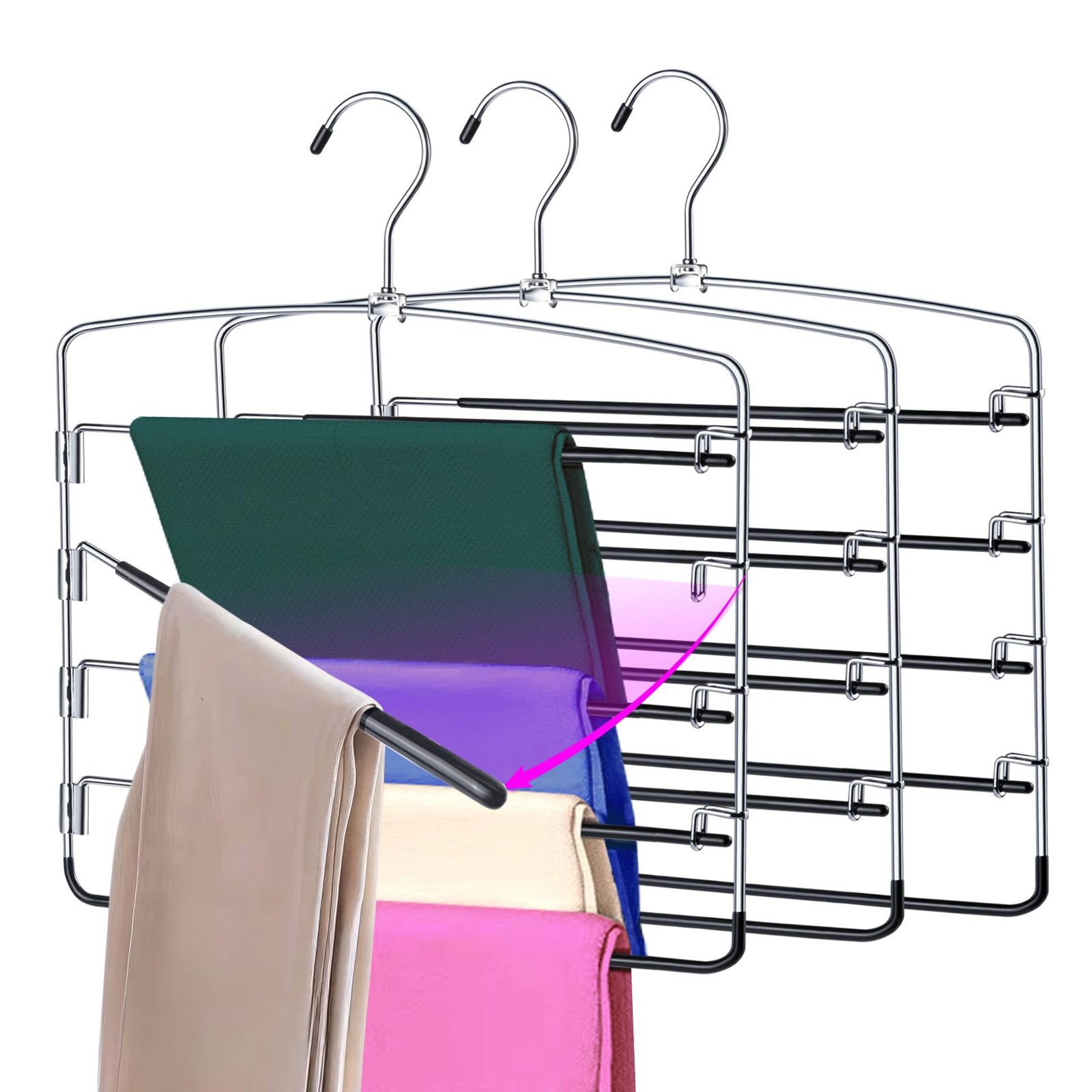 3-Pack Non-Slip Space-Saving Pants Hangers for Women with Extra Hooks