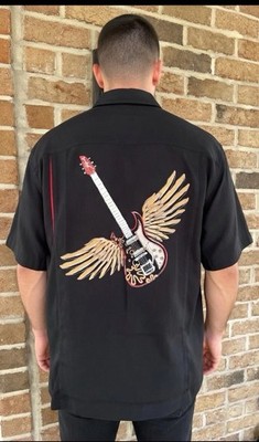 Tori Richard Men's XL Black Shirt Guitar w/Wings Embroidered Silk Blend Button