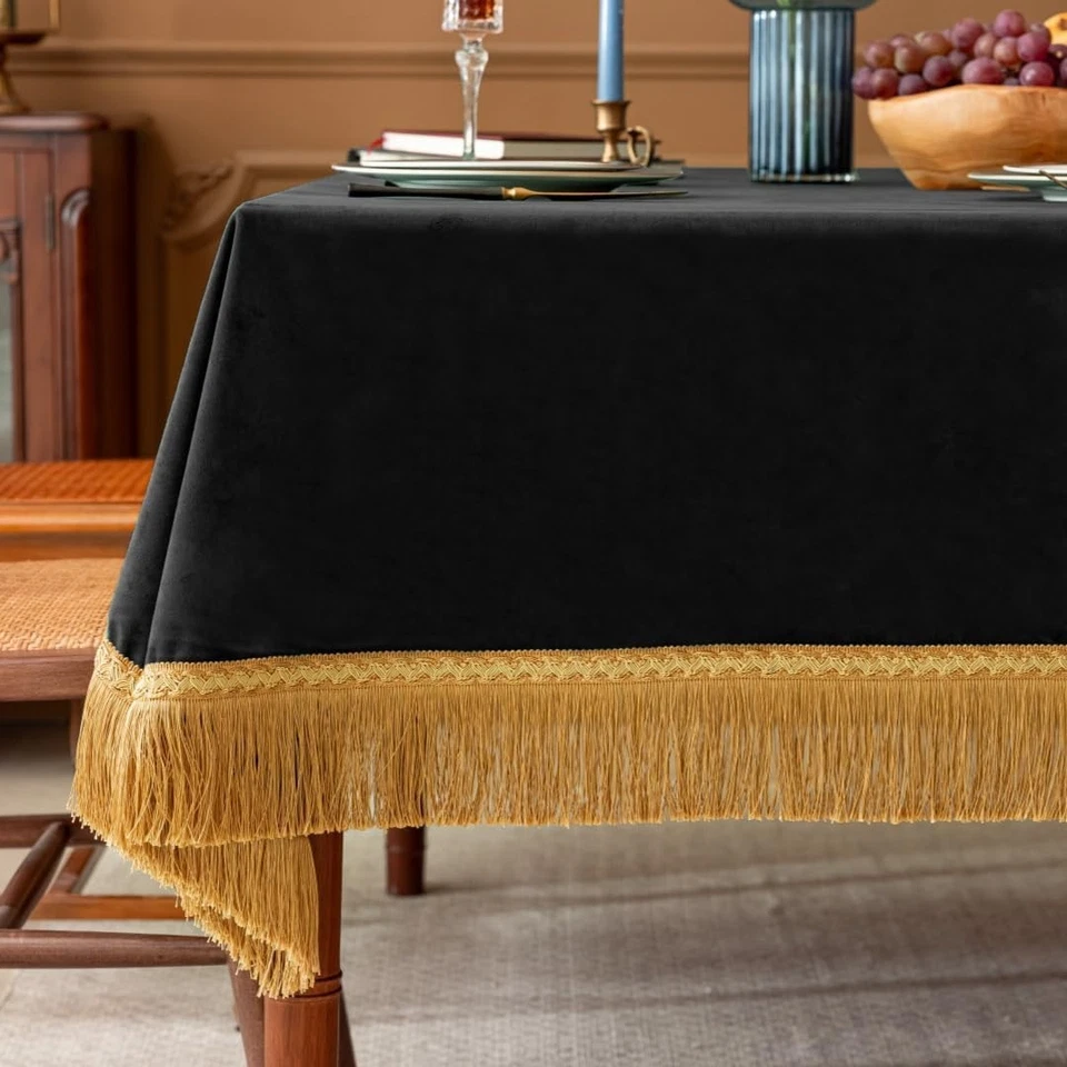 Luxe Black Table Cloth with Gold Tassels for Parties 60x102" - Image 3 of 4