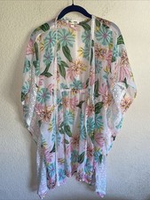 Miken Swim Cover Up Tropical Botanical Embroidered Tie Front Beach Pool L