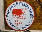 VINTAGE WAGGONER REFINING CO PORCELAIN SIGN PETROLEUM OIL CATTLE DDD RANCH STEER