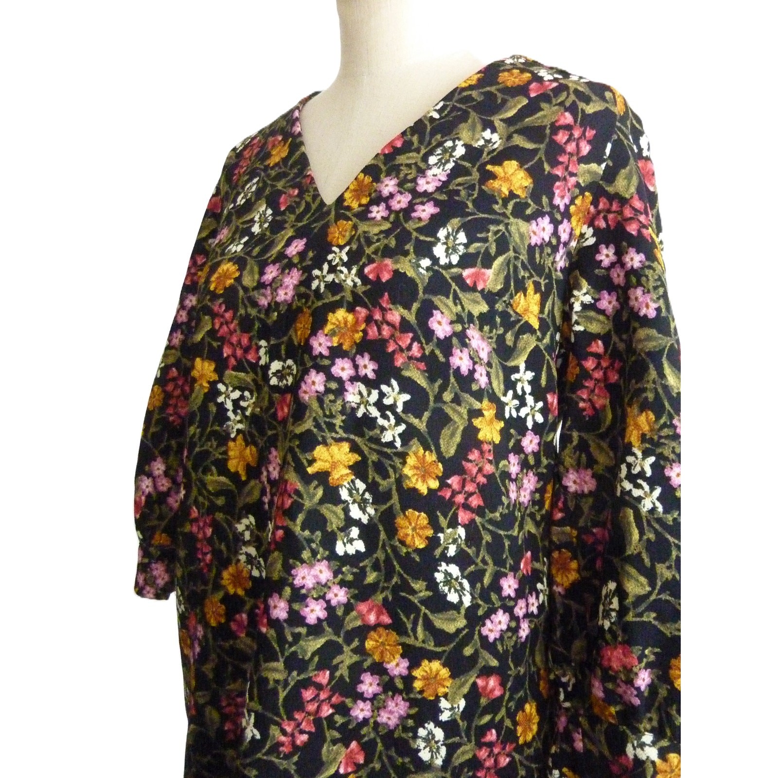Zara Black Floral V Neck Shift Boho Dress M thumbnail 4
