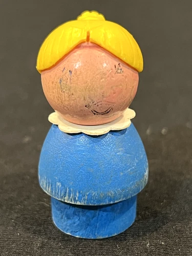 Vintage Original Fisher Price Little People Blue Wooden Base Blond Ponytail