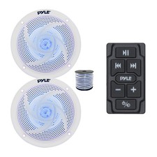 Pyle Marine Bluetooth Controller, 2x 4" 100W Blue LED Speakers White w/Wire