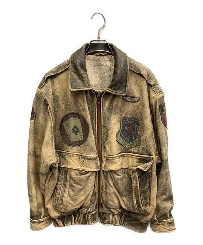 KINGS ROAD Vintage Leather Bomber Jacket Men's Size 10 Beige/Black - product listing photo