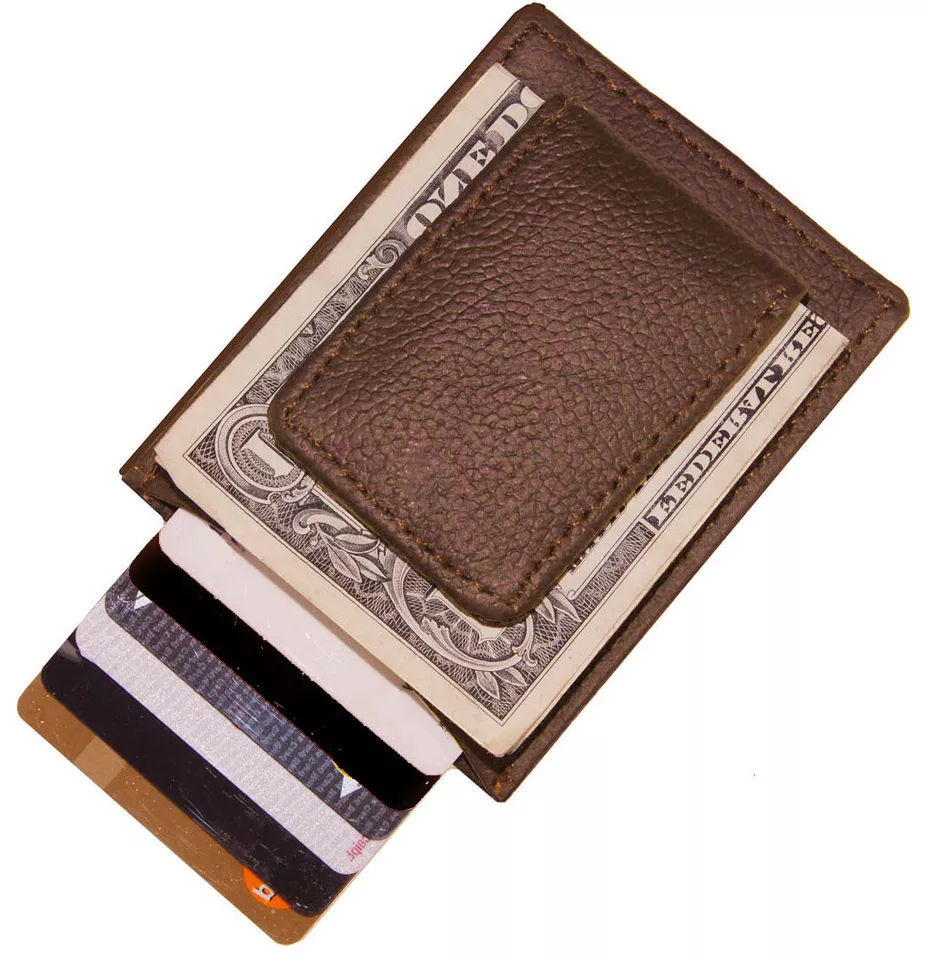 Brown Leather Strong Magnetic Money Clip Men's Front Pocket Slim Wallet - Image 2 of 4