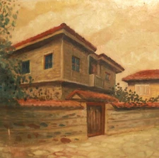 40's realist oil painting landscape of a village 
