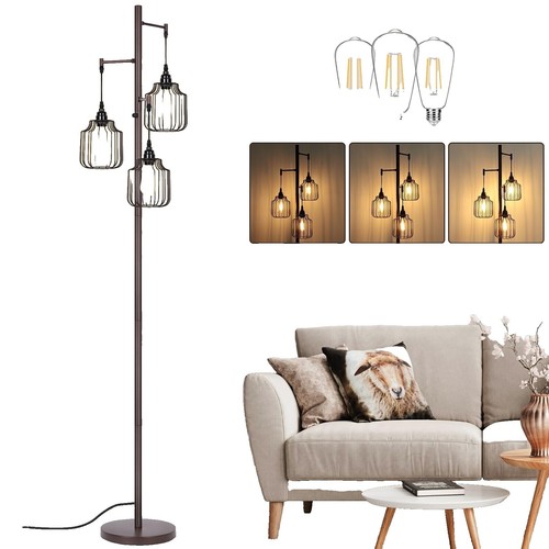 EDISHINE Dimmable Farmhouse Floor Lamp – Industrial Standing Lamp With 3 LED Edison Bulbs, Black Corner Tree Lamp For Living Room, Bedroom, Office