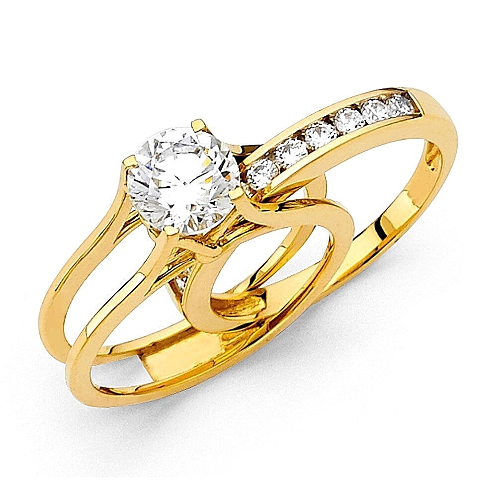 14K REAL Solid Gold Double Ring Engagement Solitaire cut 2 Rings set ...