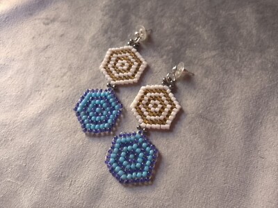 Handgefertigte Ohrringe Ethno Stil Indianer Lang Blau, Elfenbein, Gold