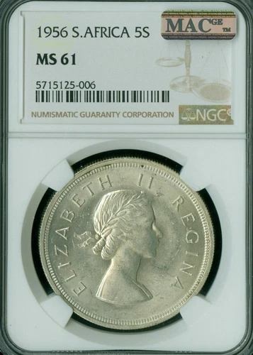 1956 SOUTH AFRICA SILVER 5 SHILLINGS NGC MS61 MAC SPOTLESS RARE *