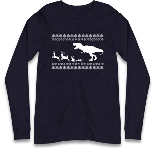 Funny T-Rex Ugly Christmas Full Sleeve TShirt,Dinosaur Chasing Reindeer Gift Tee - Picture 4 of 10