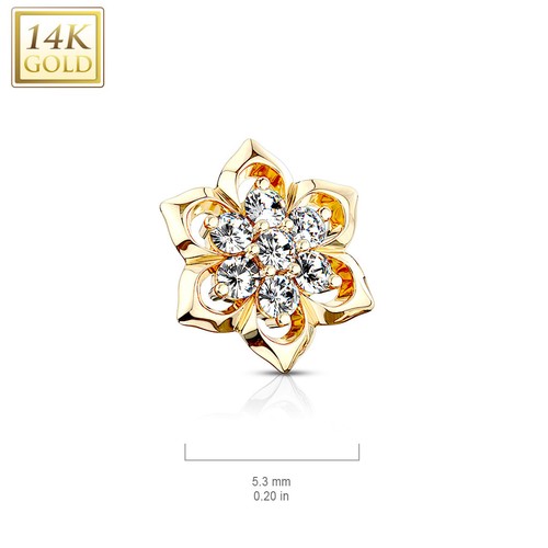 14K Solid Gold CZ Cluster Center Flower Dermal Anchor Top 14g - Picture 4 of 6