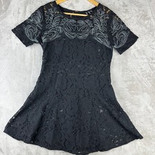 Free People Black Lace Embroidered Short Sleeve Flared Dress Sz Small / XS