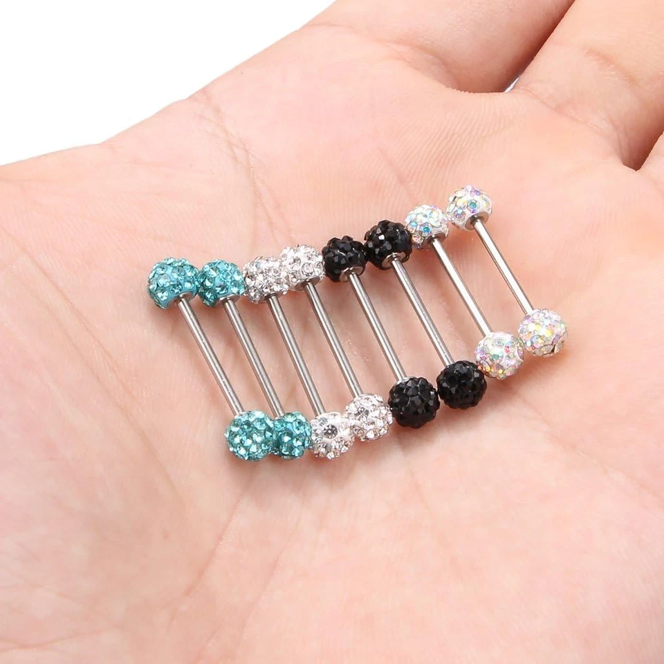 Anillos protectores lengua pezón bola cristal 16G 9/16 pulgadas correa de acero inoxidable Foto 2 de 3