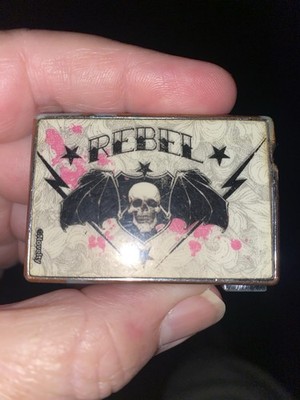 Rebel Slide Lighter (refill) Skull & Bat Wings w/Lightening Bolts Black & Pink 