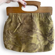 VINTAGE FLORAL CLOTH PURSE WITH WOODEN HANDLES Harvest Gold
