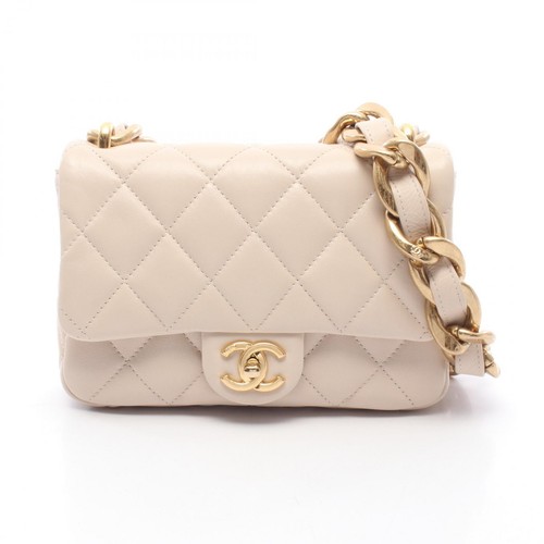 CHANEL Matelasse Small Flap Bag Chain Shoulder Handbag AS3214 leather Beige Used