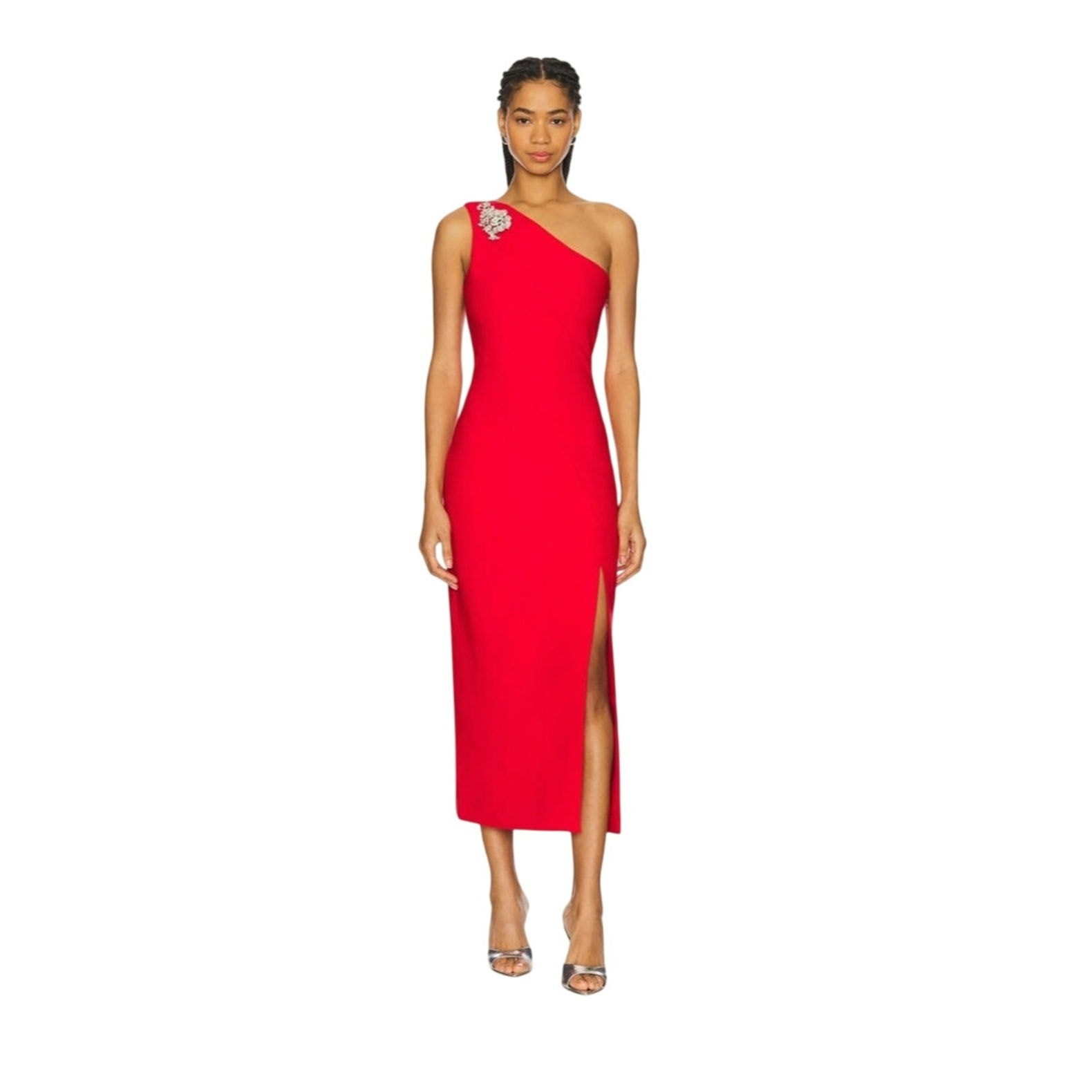 NWT CINQ A SEPT Enya Scarlet Red Embellished One Shoulder Summer Midi Dress Sz 6