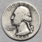 1944D Washington Silver Quarter.  Good Condition.