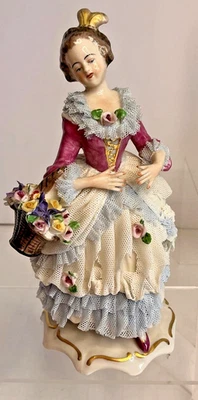 ANTIQUE / VINTAGE DRESDEN FIGURE - LADY WITH BASKET OF FLOWERS / GERMANY - Image 1 of 4
