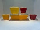 Vintage Pyrex 501, 502, 503 Orange Red Yellow Refrigerator 5 Dish & 3 Lids