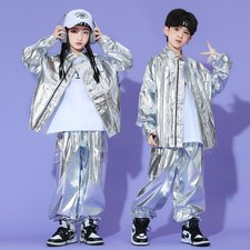 Kids Silver Tracksuit Coat Pants Hip-Hop Stage Costume Unisex Jacket Activewear