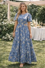 WAYF Blue Floral Maxi Dress S M Puff Sleeve Tiered Cottagecore Boho Romantic