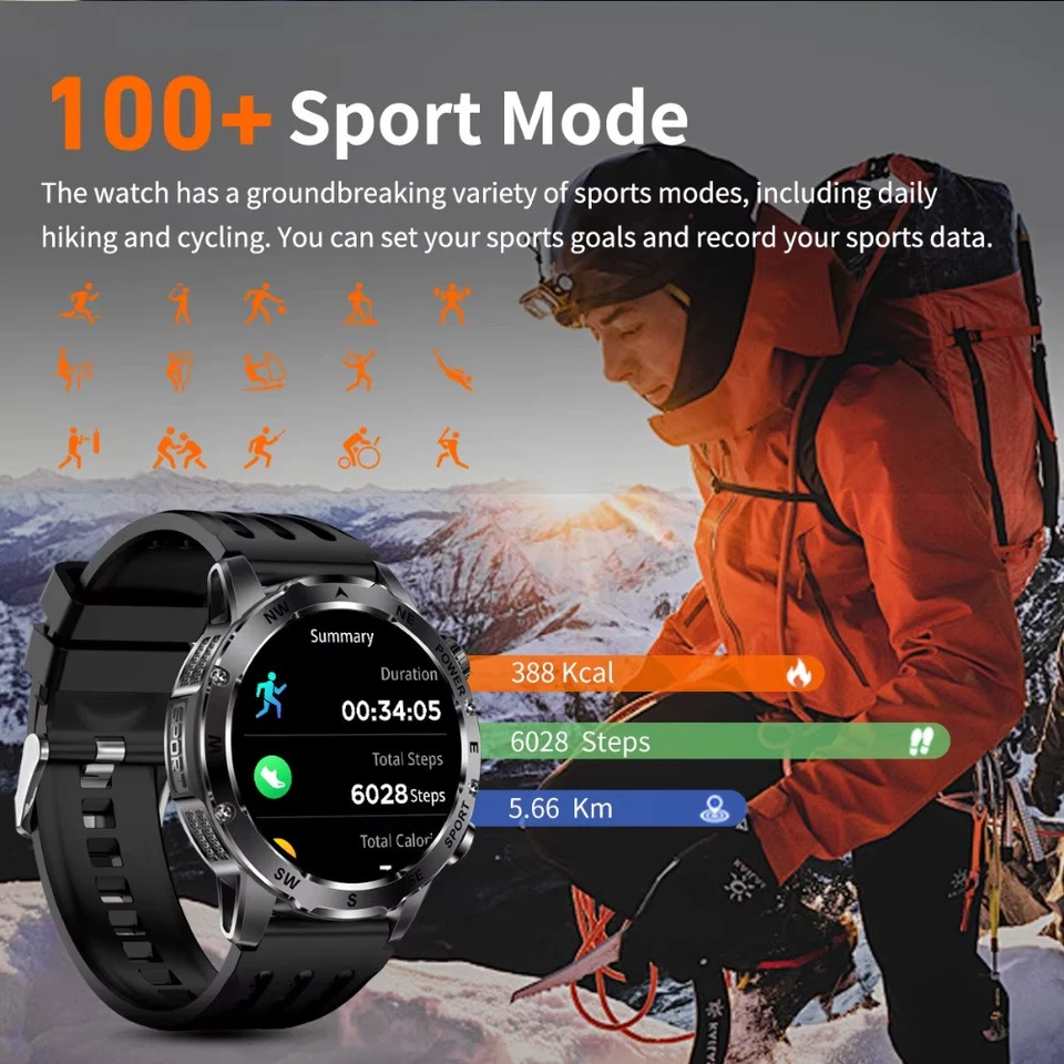 Herren Damen Smartwatch Militär BT Anruf LED Taschenlampe Gesundheitsfunktionen - Bild 4 von 4