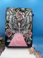 Anuschka Hand-Painted Leather Small Flap Crossbody Guardian Angel Black New