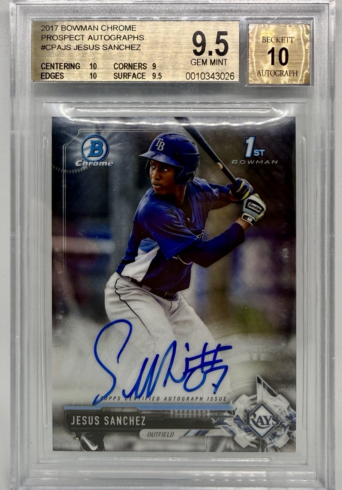 2017 Bowman Chrome Prospect Autographs #CPAJS Jesus Sanchez BGS 9.5 Auto 10