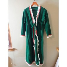 Vintage Green House Jacket Coat Bath Robe Lace Trim Medium Warm Granny Retro