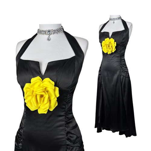 Vintage Y2K Black Satin Halter Dress with Yellow Rose – Gothic Glam Midi Gown