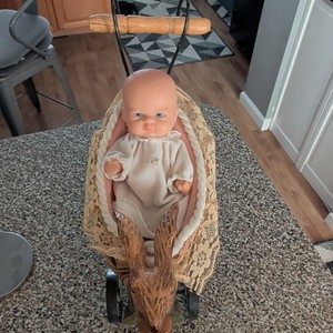 Vintage Wicker Baby Carriage Pram w/ Wood Rabbit Front, Brown/Beige