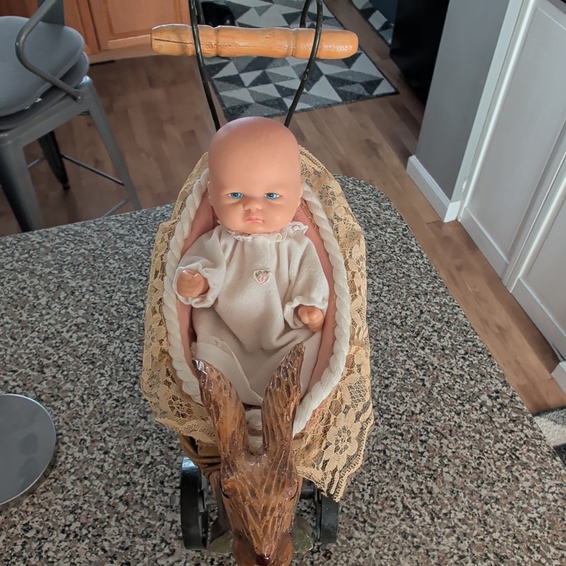Vintage Wicker Baby Carriage Pram w/ Wood Rabbit Front, Brown/Beige