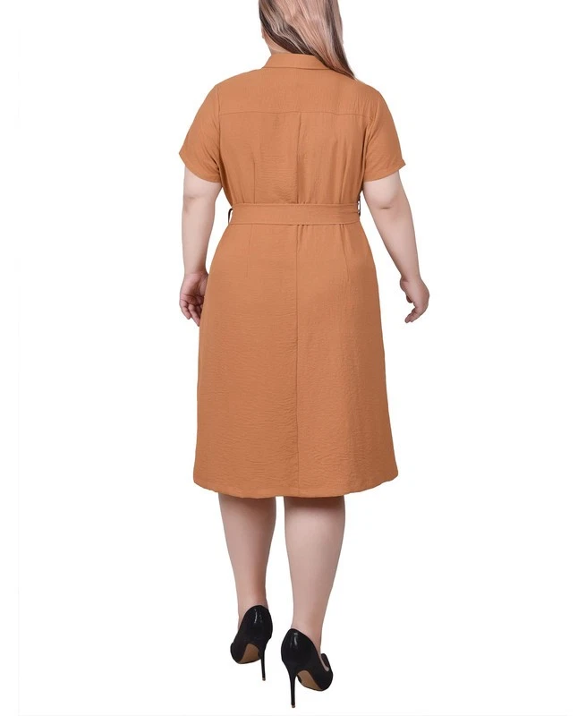 NY Collection Women's Plus Size Short Sleeve Belted Shirt Dress (Meerkat, 2X) - Image 3 of 4