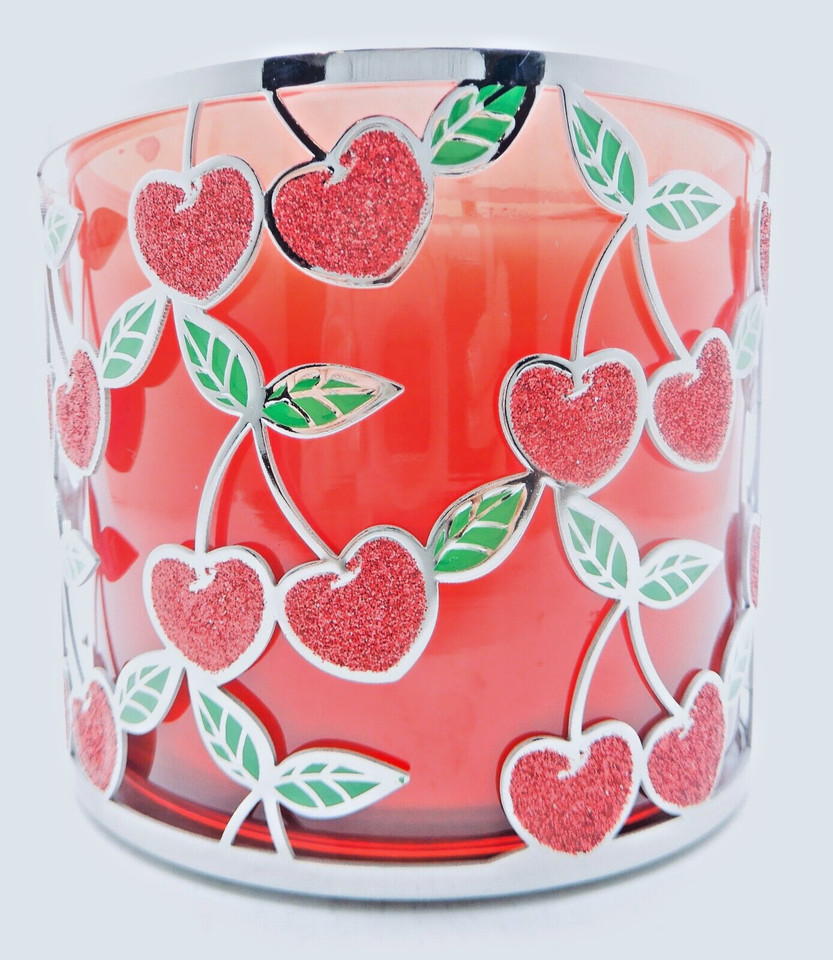 BATH & BODY WORKS GLITTERY VALENTINES RED CHERRY HEARTS 3 WICK CANDLE ...