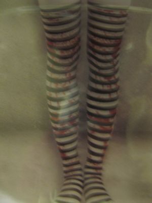 Adult Black and White Striped Thigh-High Bloody Stockings for Halloween Costume