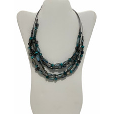 Layered Beaded Gemstone Statement Necklace Turquoise Color Beads Blue Gunmetal