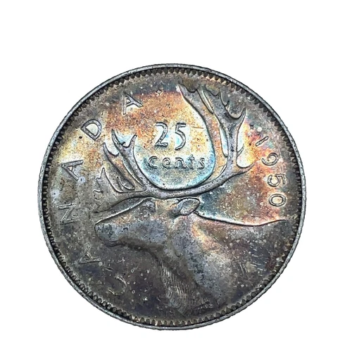 1950 Canada Silver 25 Cents, George VI, km44, Rainbow Color Toned BU. Coin