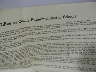 1938 Lee County Illinois Tax Levy Chart - Dixon , Amboy , Paw Paw, - 1A