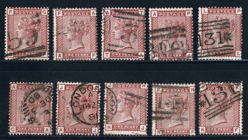 GB QV Penny Red x10 – Used – CDS & Numerals – SG 43/44 – Watermark Crown