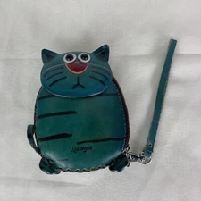 Hand Crafted Cat Shape Leather Coin Change Clutch Purse Wristlet