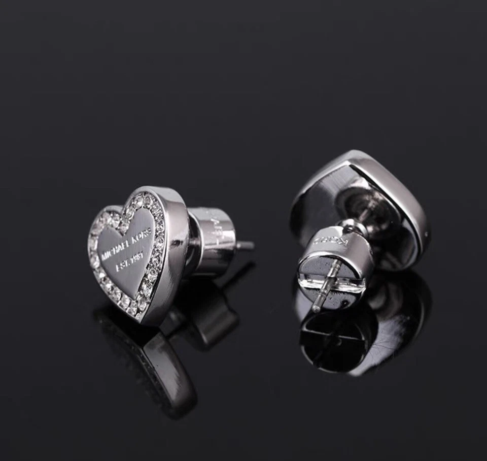 MICHAEL KORS Silver Tone Pave Crystals Heart Love Studs Earrings Gift Pouch - Image 2 of 3