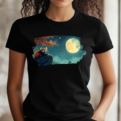 Frauen T-Shirt Roter Waschbär und Vollmond Motiv Baumwolle Größe S bis 3XL